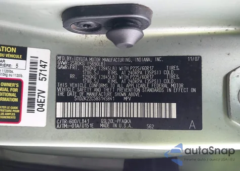 2008 Toyota Sienna Xle z USA, uszkodzony, nr VIN 5TDZK22C58S145841